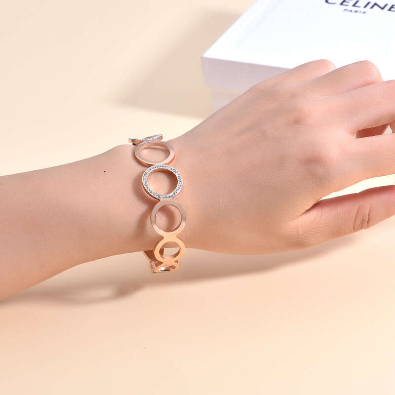 fashionable hollow out circle inlaid circular for womens trend versatile stainless steel jewelry goldplated bracelet