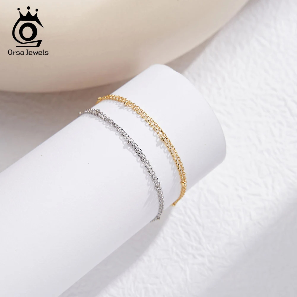 ORSA JEWELS 925 Sterling Silver Double Layer Bracelet Chain Simple Small Ball Beads for Womens Birthday Gift Jewelry SB200 241214