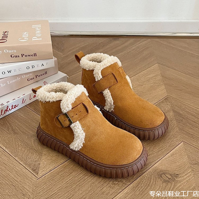 Brown snow boots for women's autumn and winter Bocken shoes with plush and thick fur, round toe thick sole, warm short cotton boots