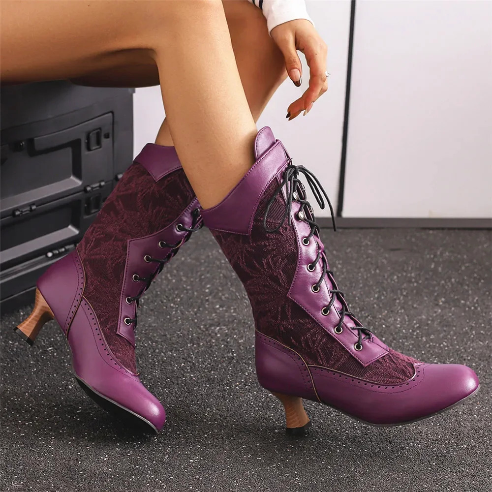 Retro cube high-heeled womens boots Victoria toe mid calf boots with strange steampunk high heels on lace purple shoes 2024 edition 241213