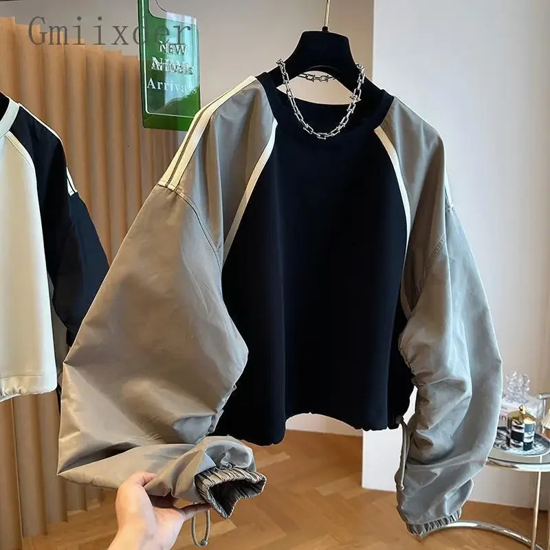 Spring Autumn Elegant Sweatshirt Niche Casual Patchwork Contrasting Color Raglan Shirt Men Women's Drawstring Waist Cinched Top