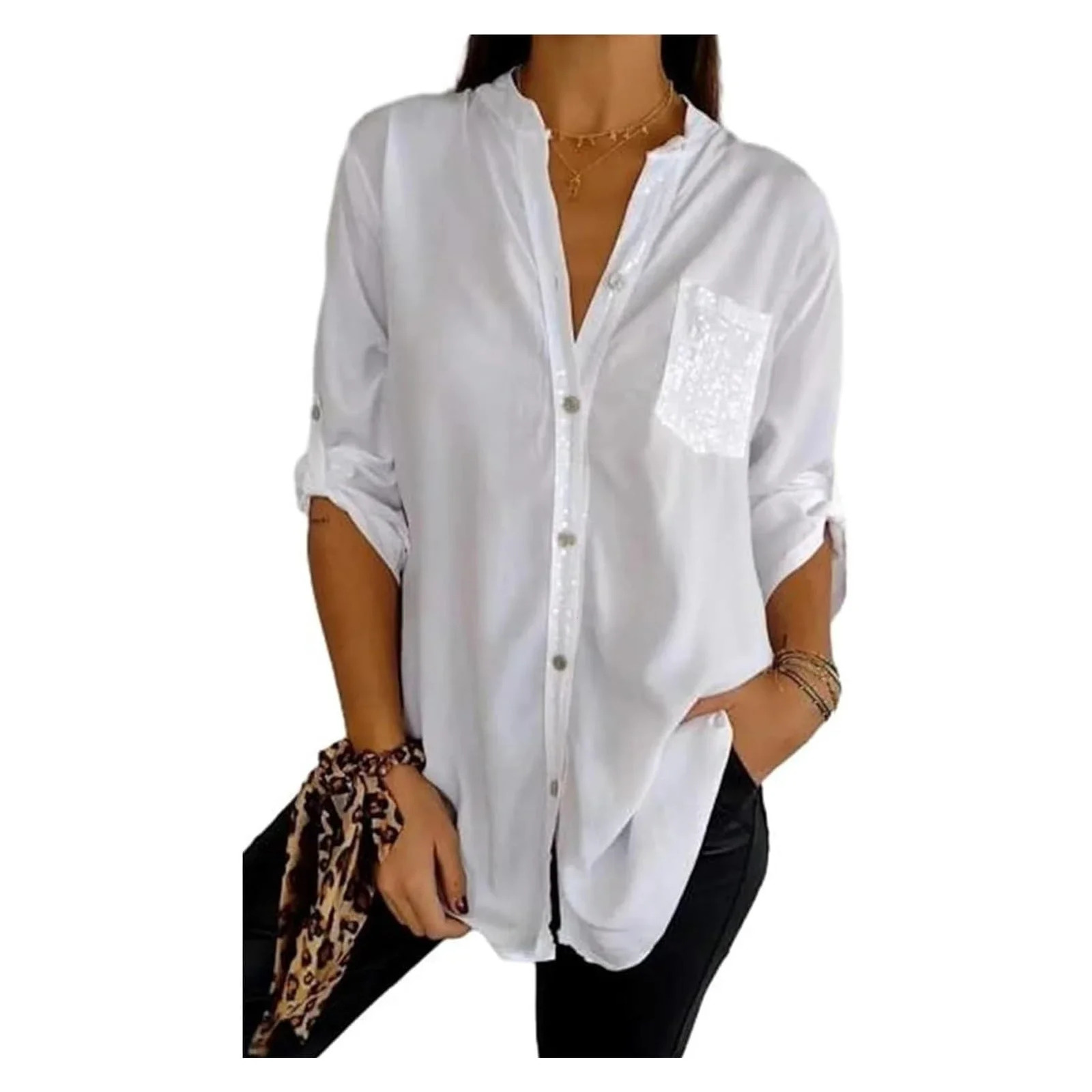 Sequin Vneck Midsleeve Casual ShirtsWomen Summer Blouses Loose Collar Button Solid Color Sun Protection Pocket Shirt 241218