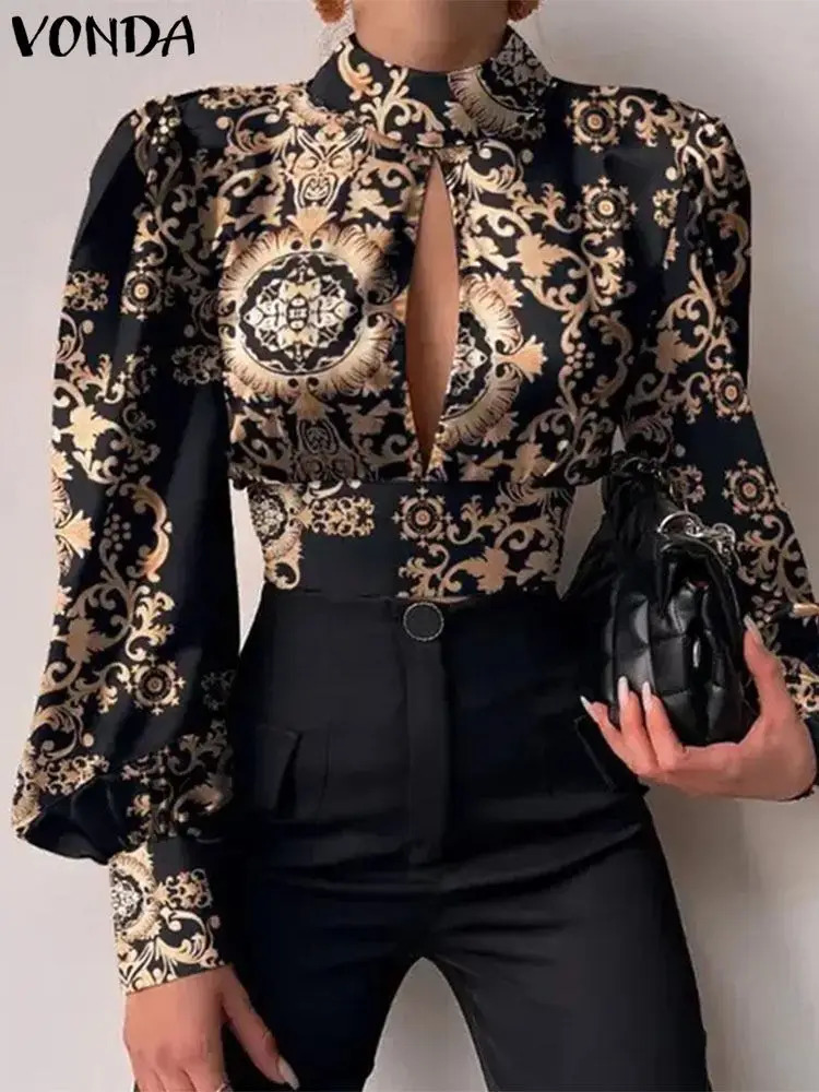 Plus Size VONDA Women Blouse High Neck Hollow Out Blusas Casual Long Lantern Sleeve Print American Style Fashion Sexy Tops 241218
