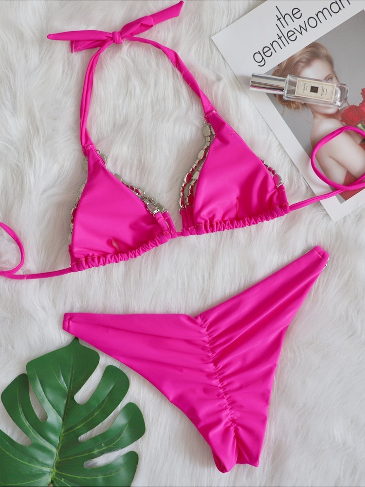 Sexy Bikini Designer Set Shining Hot Pink Push Up Thong Women's Swimsuit Brazilian Dia Metal Chain Beach Swimsuit