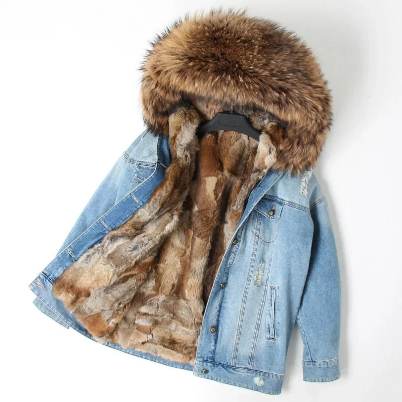 denim parka fur coat jeans parka raccoon fur woman jacket raccoon fur hooded detachable plus size winter clothing 241220