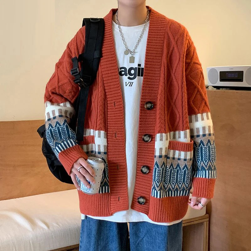 Men Trendy Contrast Color Casual Streetwear Single Breasted Sweater Cardigan Y2K Youth V Neck Long Sleeve Oversize Knitted Tops 241220