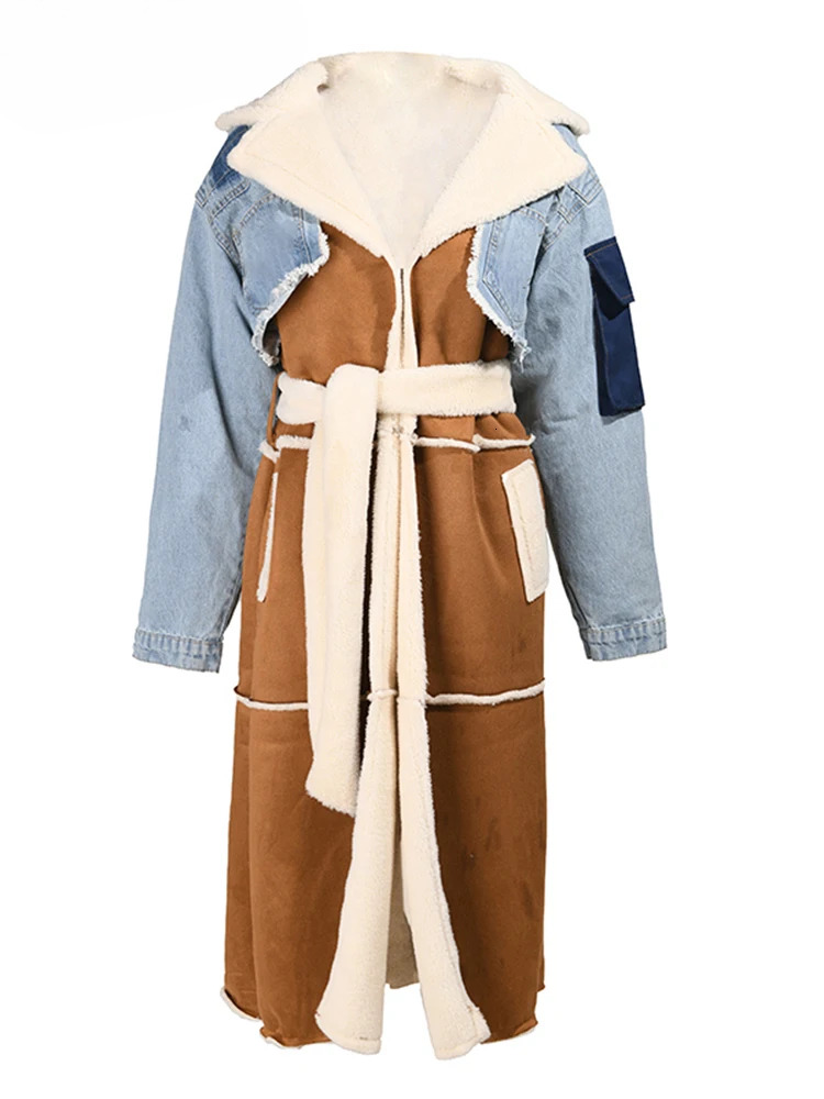 Winter Women's Jackets Turn-Down Collar Temperament Patchwork Denim Long Sleeve Overcoat Woolen Coat Female