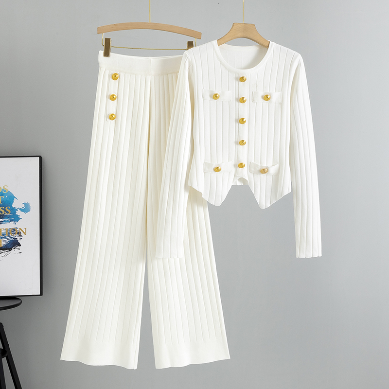 Elegant Fashion OL Winter Suits Women Sleeves Chic Buttons Pullovers+Elastic Long Pants Vintage Sweater Two Pieces Sets