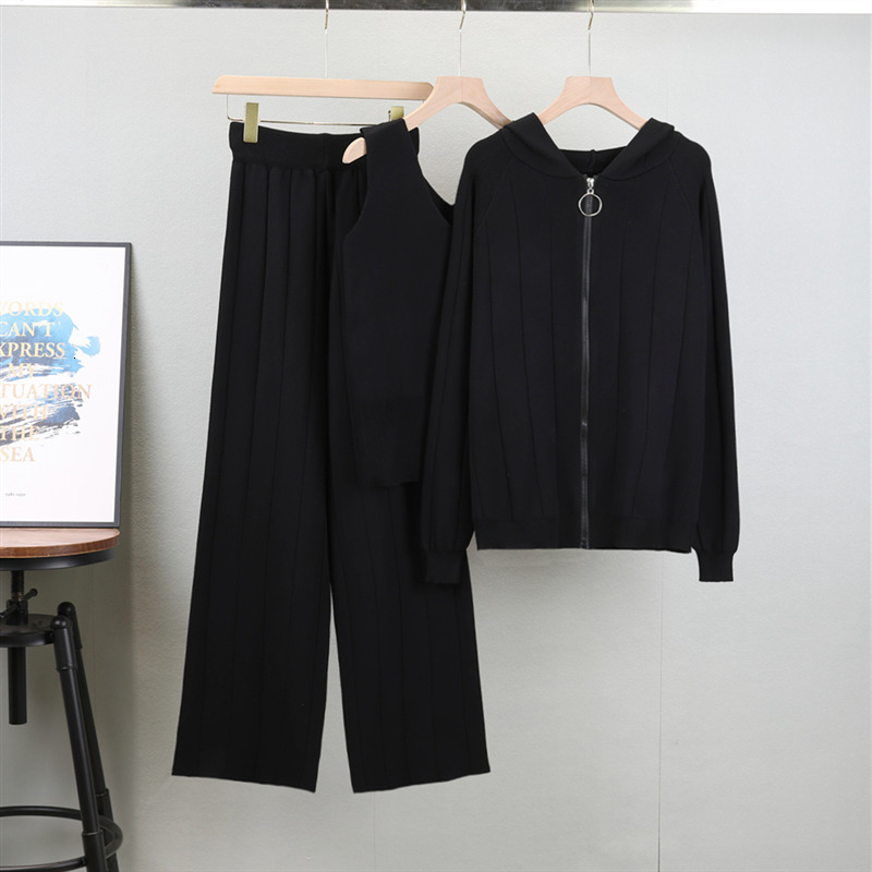 Women Hooded Cardigan+Tank +Wide Leg Pants Sets Ladies Casual Long Sleeve Sports Outfit Elegant Three Piece Suits