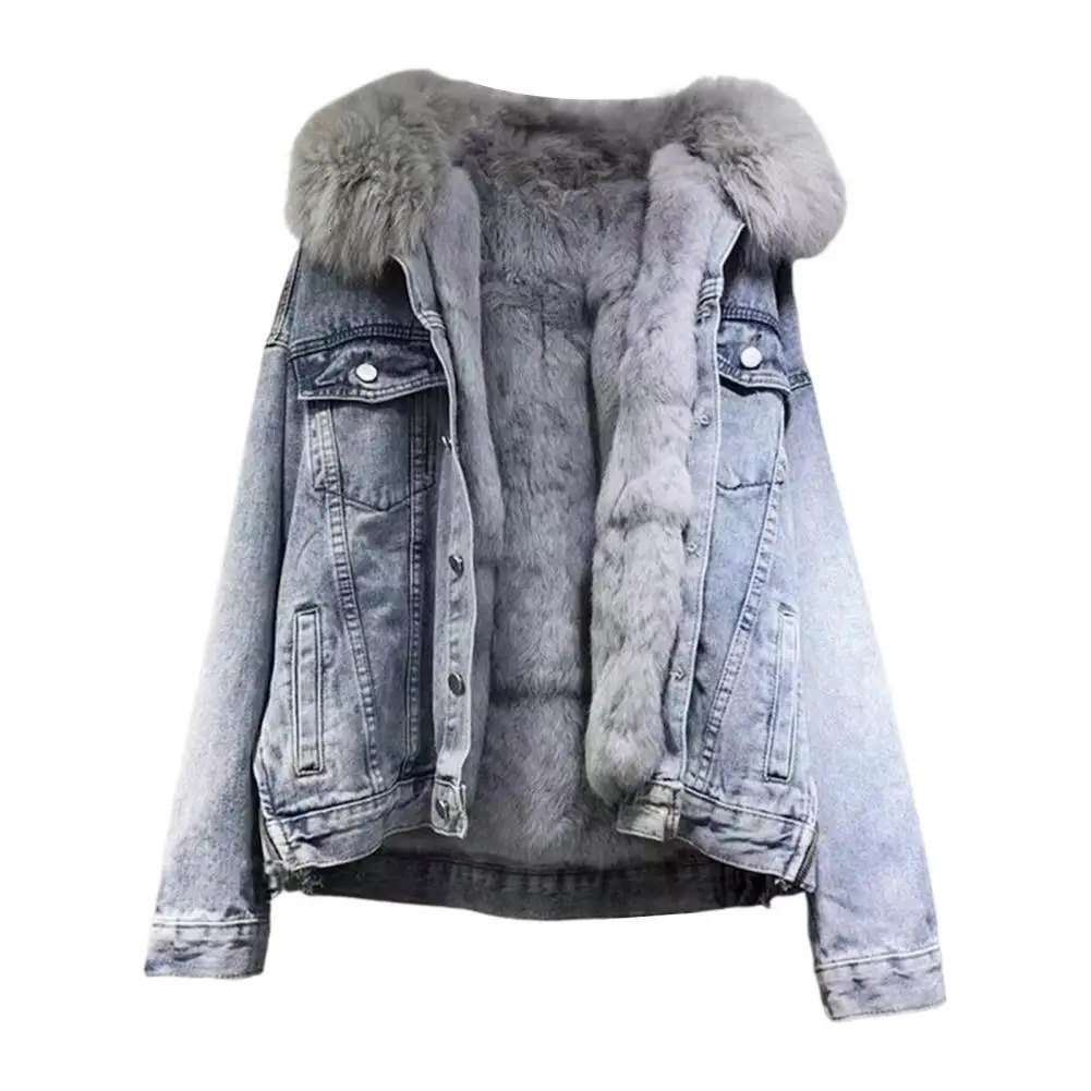 Thickened Cotton Coat Womens Cropped Denim Jacket Hood Thickened Plush Long Sleeves Pockets Coat Windproof Warm Denim Parkas 241220