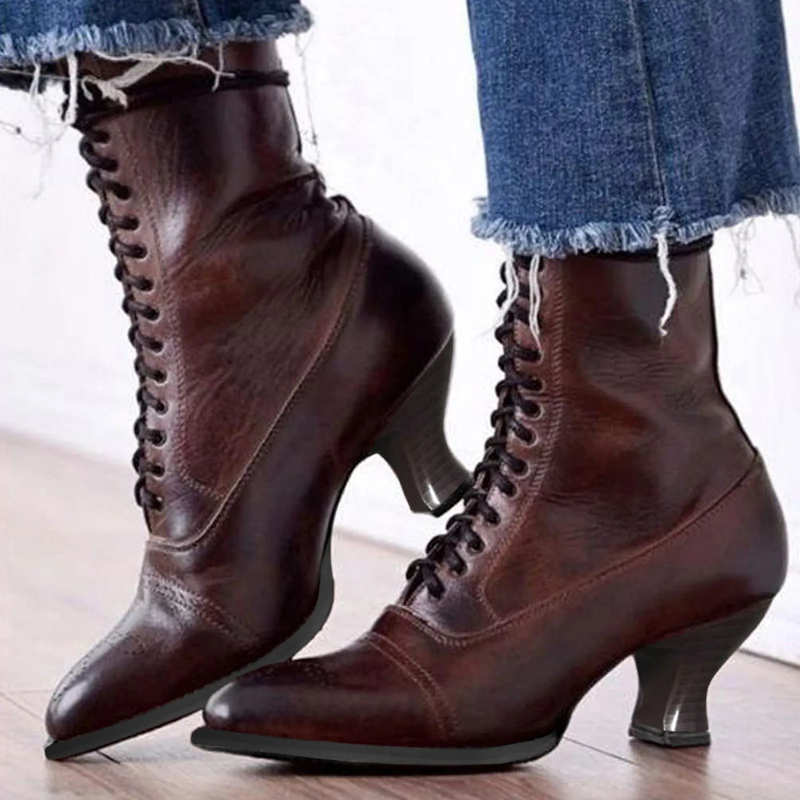 Gothic womens boots heel ankle lace upper corner heel boots high retro elastic cross tie shoes zapatos para mujeres 241213