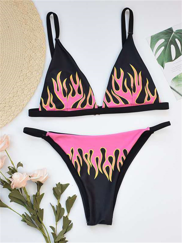 Fire Print Sexy Women's Swimsuit Push Up Plaid Swimsuit Brazilian Bikini Designer Set Swimsuit