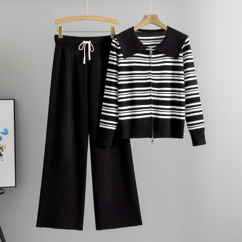 Spring Two Piece Sets Women Knitted Sweater Suit Elegant Doll Collar Stripe Knit Cardigan Wide Leg Pants Two-Piece Set