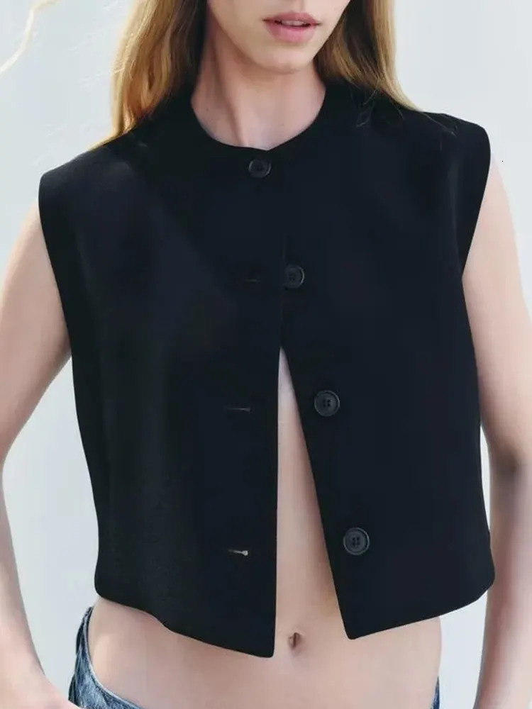 TRAFZA Women Vintage Solid Short Vest Single Breasted O Neck Sleeveless Slim Waistcoat Basic Office Lady Outerwear Red Vests 241220