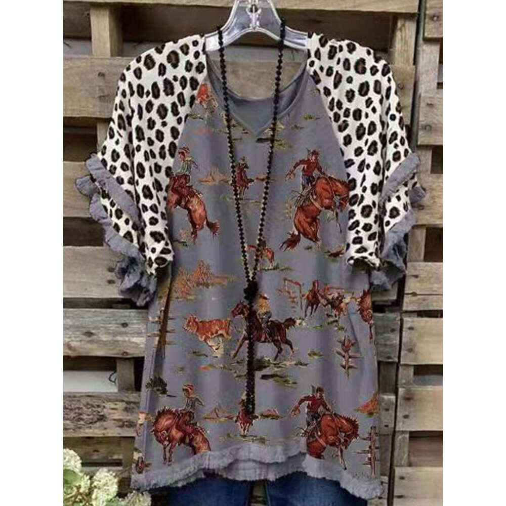 2021 summer pullover knitted commuter V-neck cotton short sleeved printed loose skin tone t-shirt 2024 new style chic and elegant clothing