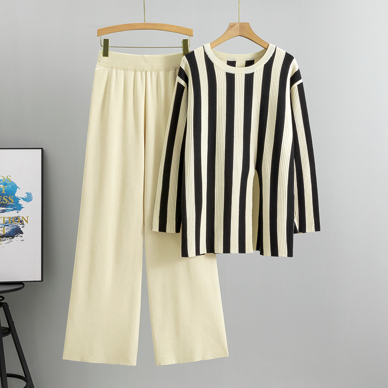 Chic Fashion new Spring Vintage Striped Women O Neck Casual Loose Split Knitted Pullover + Wide Leg Pants Two Piece Set