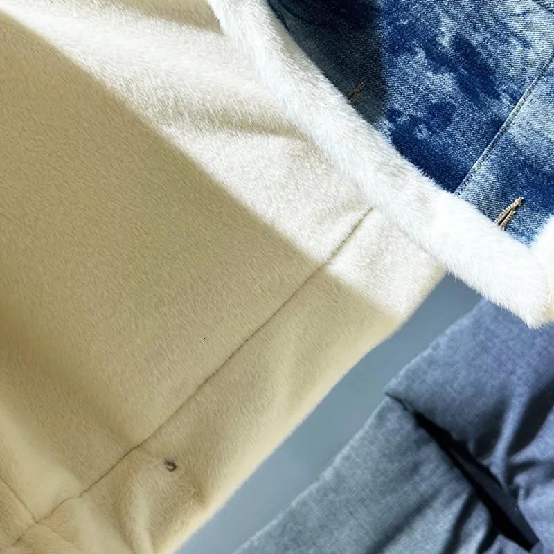 PFHQ Plush n Mens Denim Fur Parka Jacket Sequin Patchwork Contrast Color Long Sleeve Male Tops Streetwear 21Z7713 241216