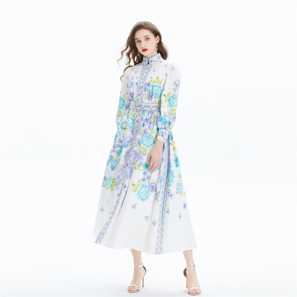 New Women Dresses Casual Court Style Drseses Women 2025 Early Spring Autumn New Palace Flower Print Dress Long Sleeved Beach Waist Wrap Chic Vestidos