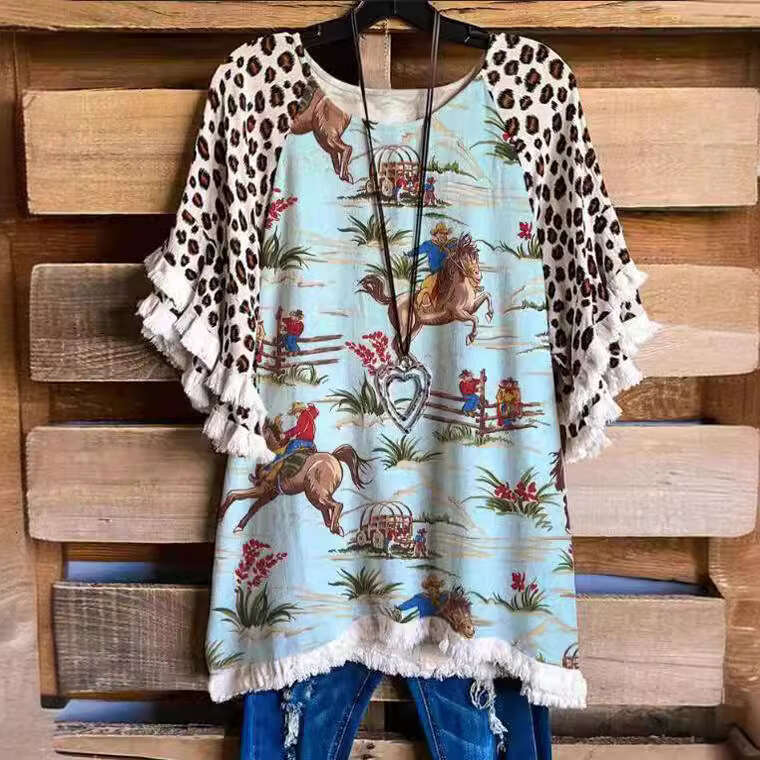 2021 Women's Round Neck Short Sleeve Printed Temperament Commuter Loose Cotton T-shirt with Head Set, 2024 New Casual Versatile Fashion Clothing