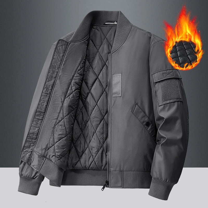 Autumn/Winter Mens Thick Jacket with Velvet Outdoor Warmth Multi Pocket Work Coat Solid Color Stand Collar Mens Baseball Suit 241216