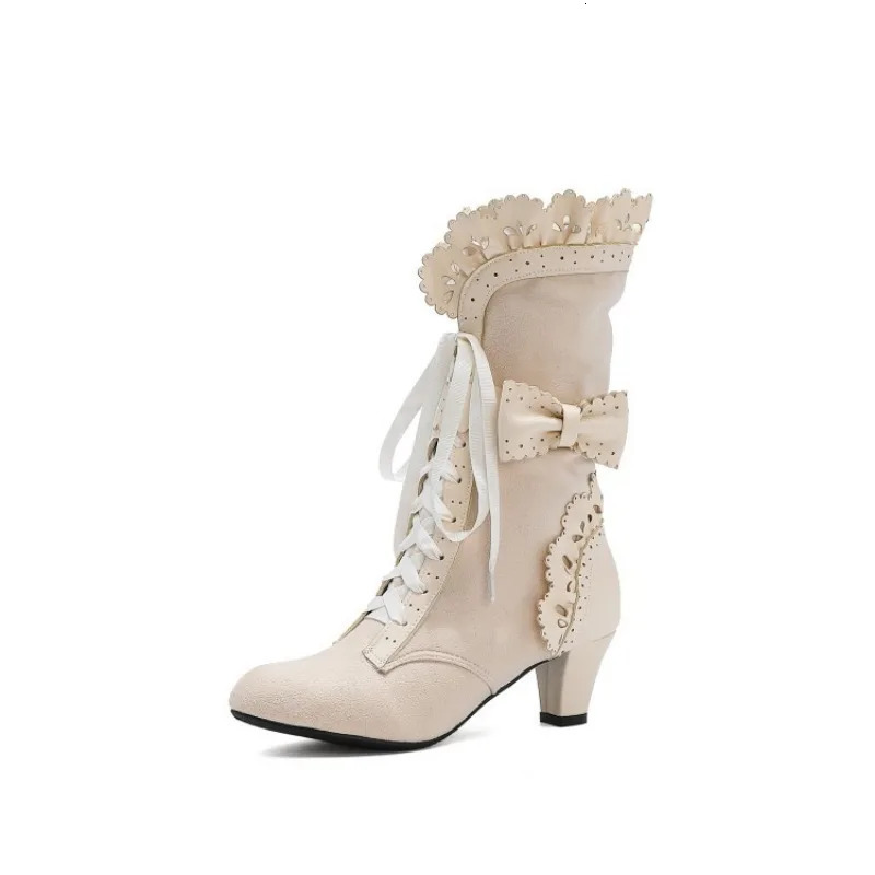Autumn and Winter Retro Womens Victoria Boots Lace High Heels Bootie Ruffle Decoration Lolita Princess Role Playing Tea Party Dress Shoes 241213
