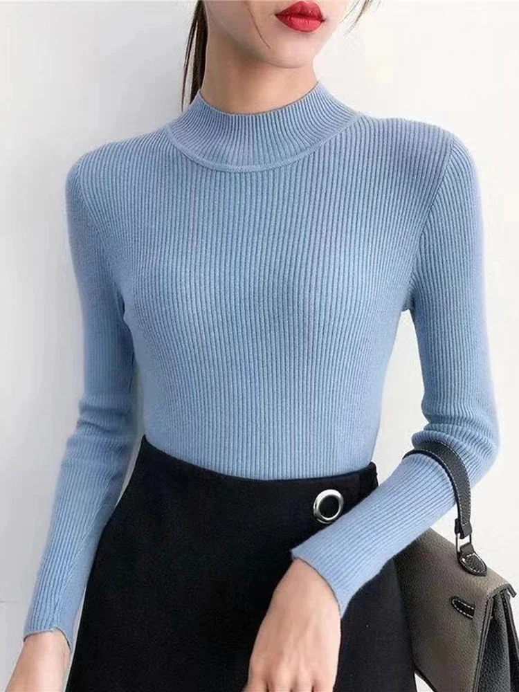 Autumn Winter Mock Neck Women Sweater Vintage Basic Solid Knitted Tops Casual Slim Pullover Korean Sweaters Simple Chic Jumpers 241217