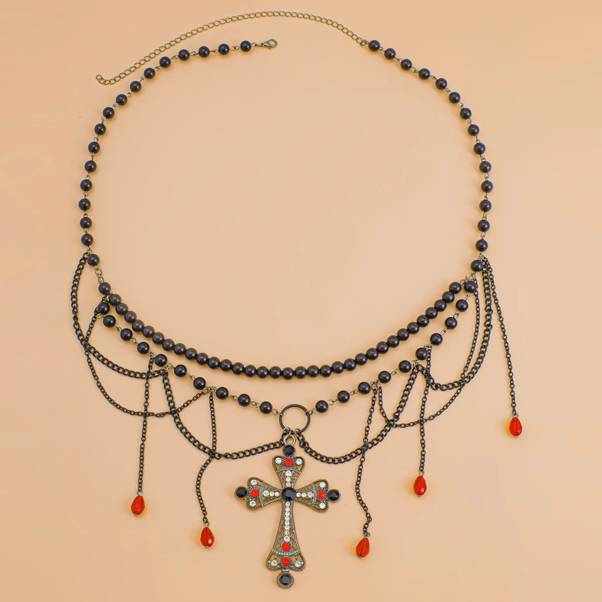 PuRui Gothic Black Multilayer Tassel Belt Cross Waist Chain Women Adjustable Red Bead Pendant Waist Chain Halloween Body Jewelry 241220