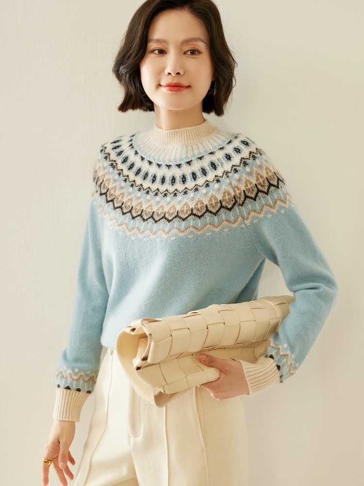 Women's Vintage Mock Neck Pullover Autumn Winter 100% Cashmere Knitwear Thick Jacquard Sweater Tops
