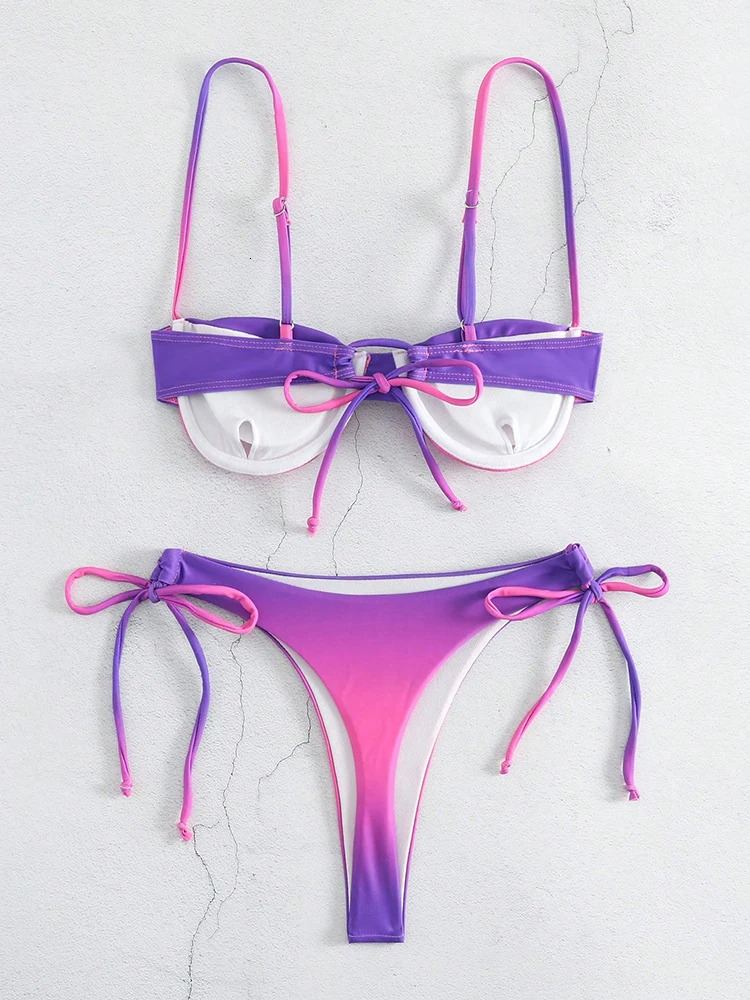 Fashion Pleated Drawstring Beach Wear Summer Bow Bikini 2-piece Swimsuit Swimsuit Women's Sexy Gradient Bikini Designer Set