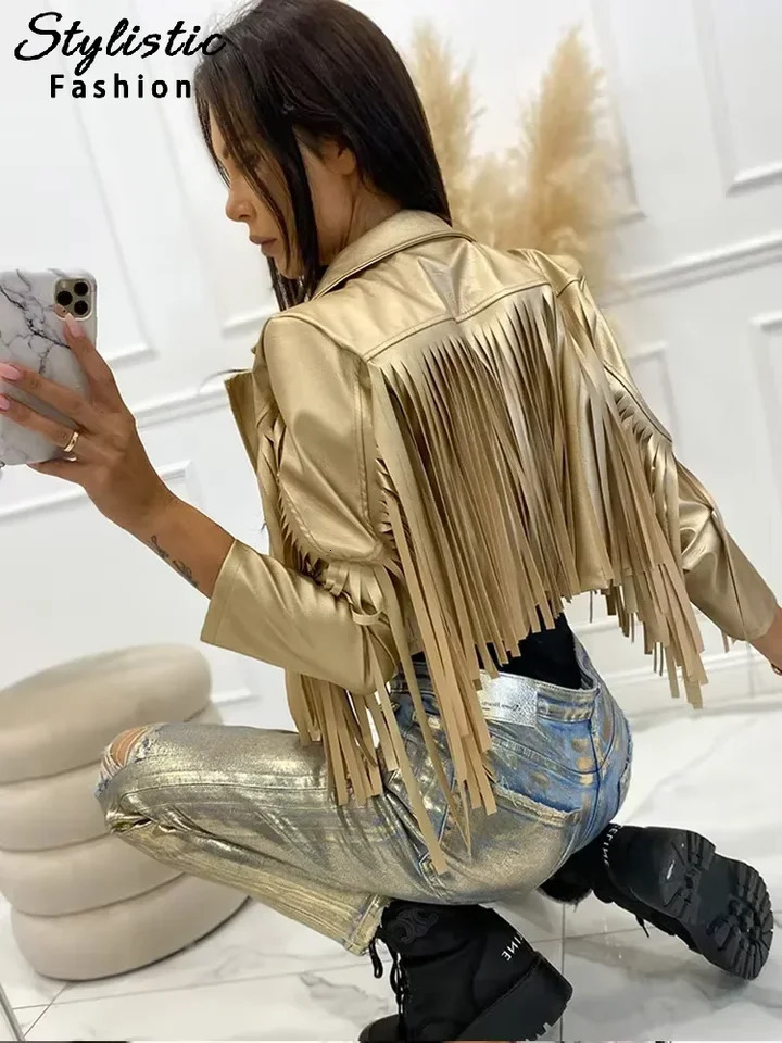 PU Leather Tassel Jackets Women Casual Turn Down Collar Spliced Short Coat Female 2024 Autumn Fashion Streetwear Coats Lady 241220