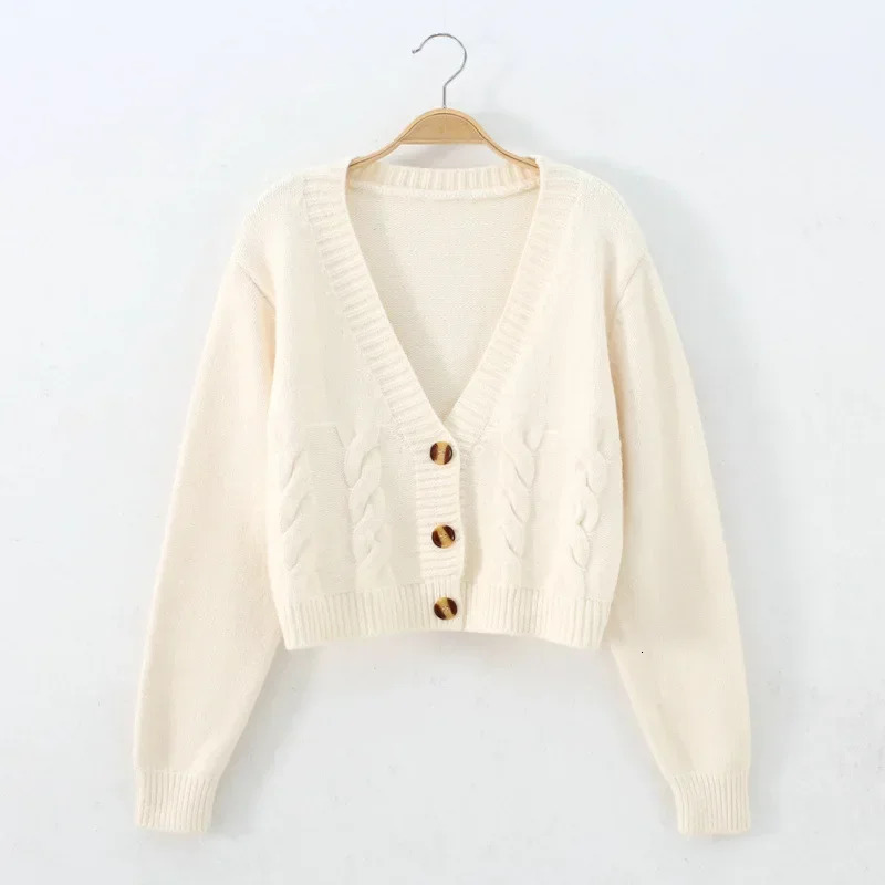 V Neck Cropped Cardigan Women Long Sleeve Twist Knitted Sweater Coats Autumn Winter Keep Warm Korean Fashion Jacket 241220