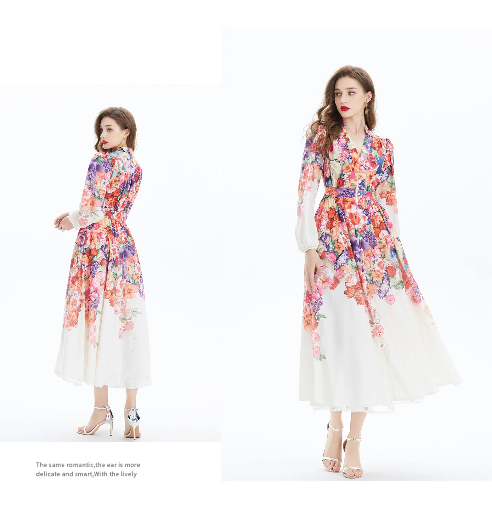 Basic Casual Dresses Women High Street Dresses 2025 Spring Autumn New Stand Lantern Sleeve Print Long Dress Slim Court Style Elegant Chic Vestidos