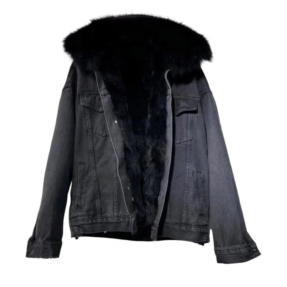 Thickened Cotton Coat Womens Cropped Denim Jacket Hood Thickened Plush Long Sleeves Pockets Coat Windproof Warm Denim Parkas 241220