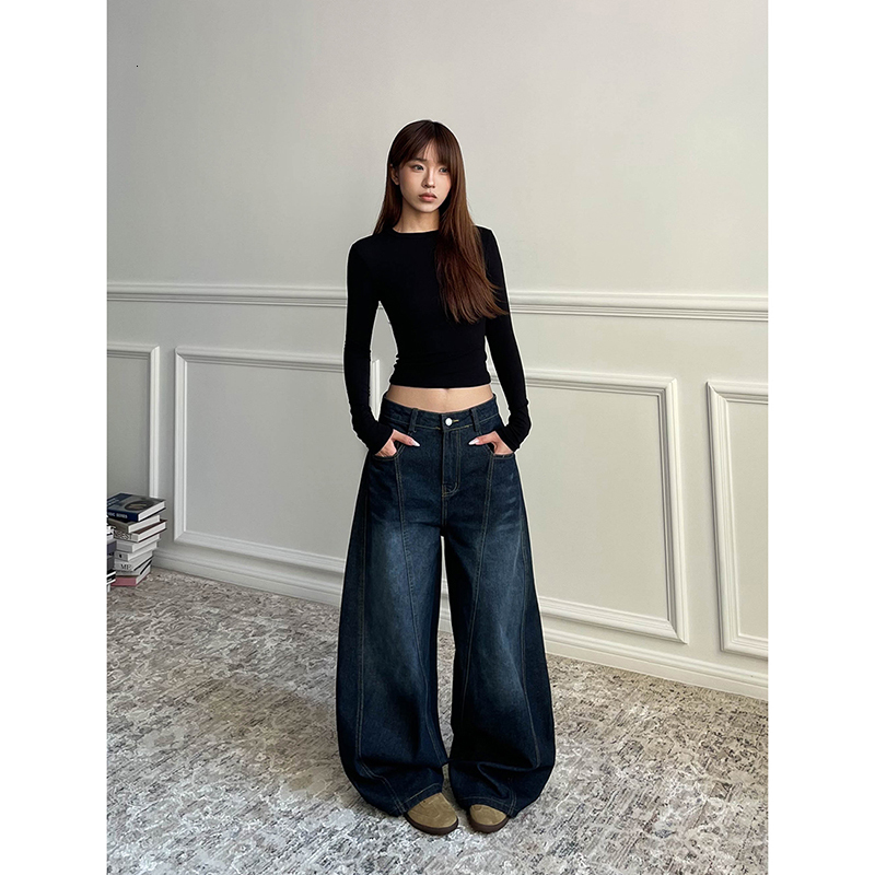 Blue Women's Retro Y2k 2000S Wide Leg Baggy Casual Denim Trouser High Waist Loose Jeans Autumn Haruku Full Length Pants