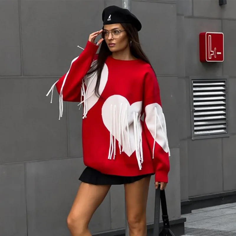 Talenza Heart Print O-Neck Long Sleeve Pullover Casual Knitted Tassel Sweater Loose Women's Streetwear