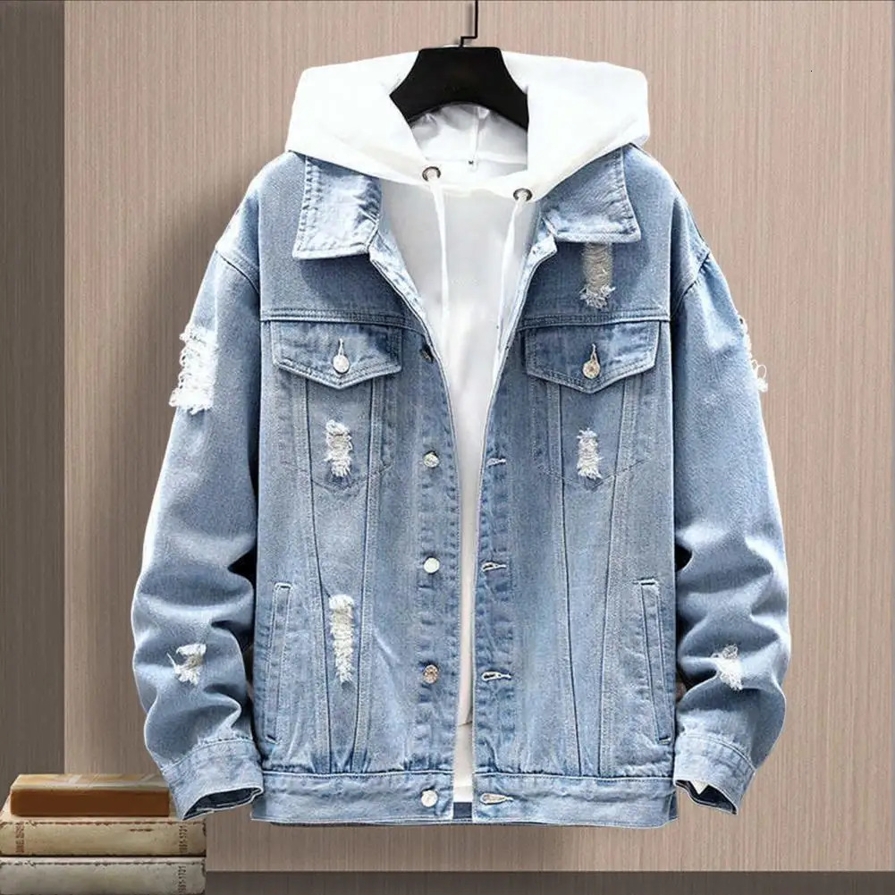 Hip Hop Mens Hooded Jean Jackets Male Casual Outerwear Autumn Winter Fashion Slim Fit Coat Men Denim Jacket Streetwear 241216