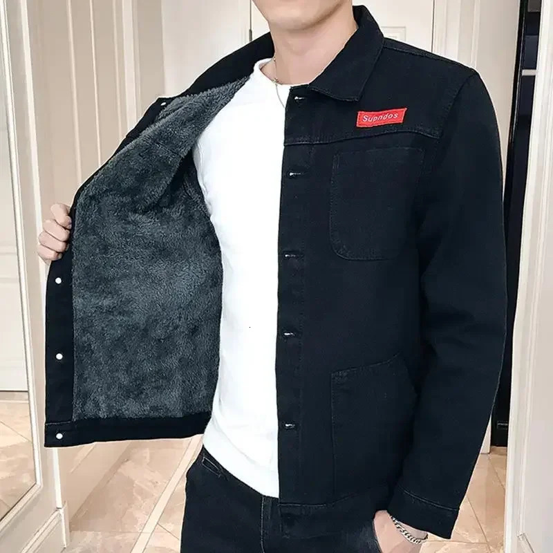 Male Jean Coats with Sheep Mens Denim Jacket Warm Padding Black Padded Wool Button in Lowest Price G Winter Outerwear One Piece 241216