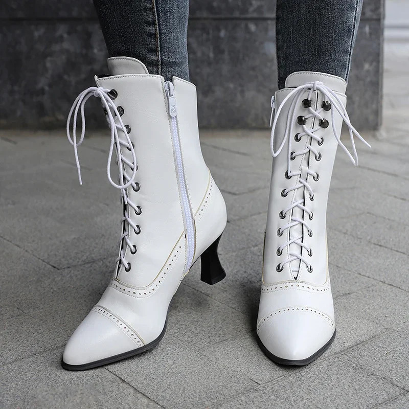 Plus size winter Victoria ankle boots womens high kitten boots red blue black retro Fretwork zipper toe boots 241213