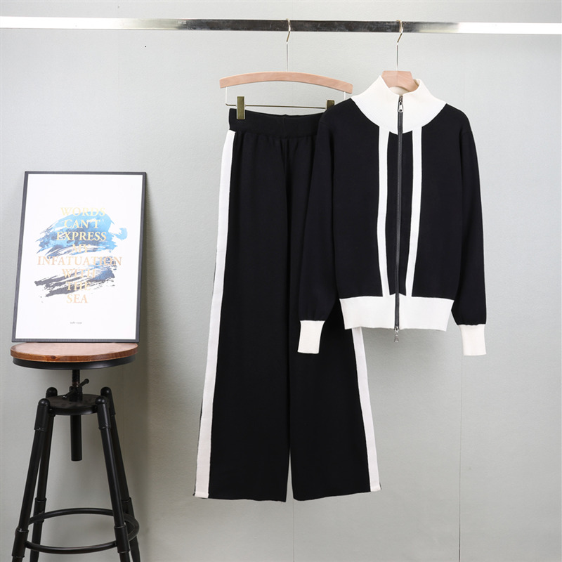 new Knitted Jacket Pant Set For Women Casual Long Sleeve Zipper Coat Vintage Sweatshirt Suit Autumn Woman Streetwear