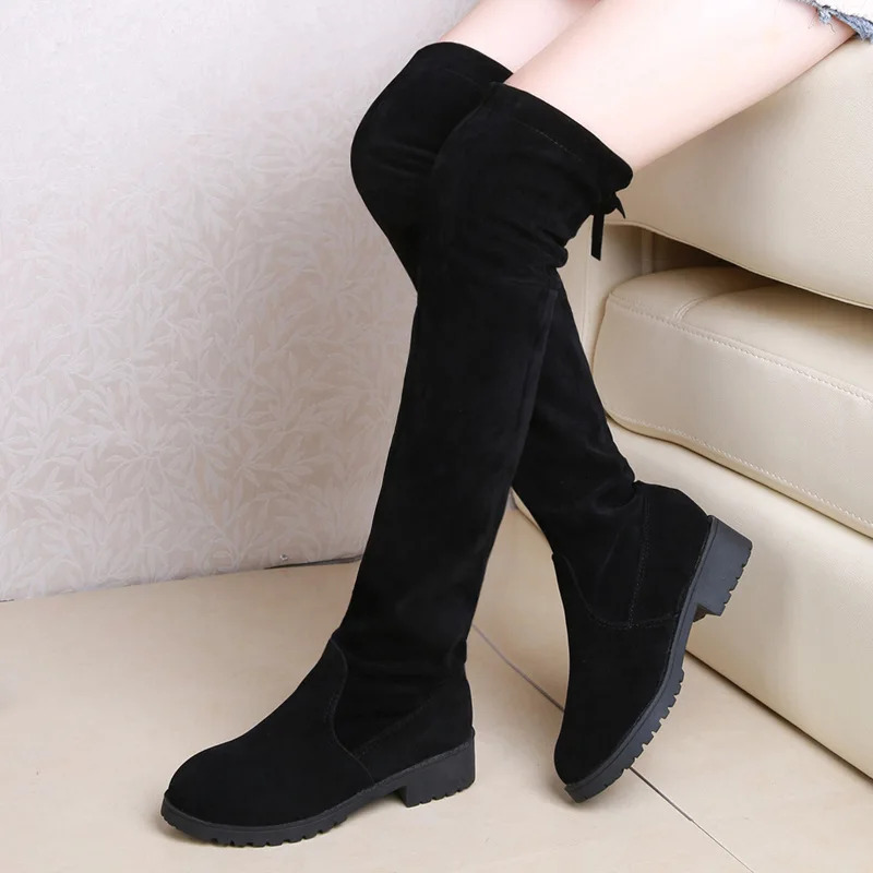 2025 Faux Suede Female Heels Autumn Winter Elastic Knee-High For Women Tube Lace-Up Thigh Boots Black Botas