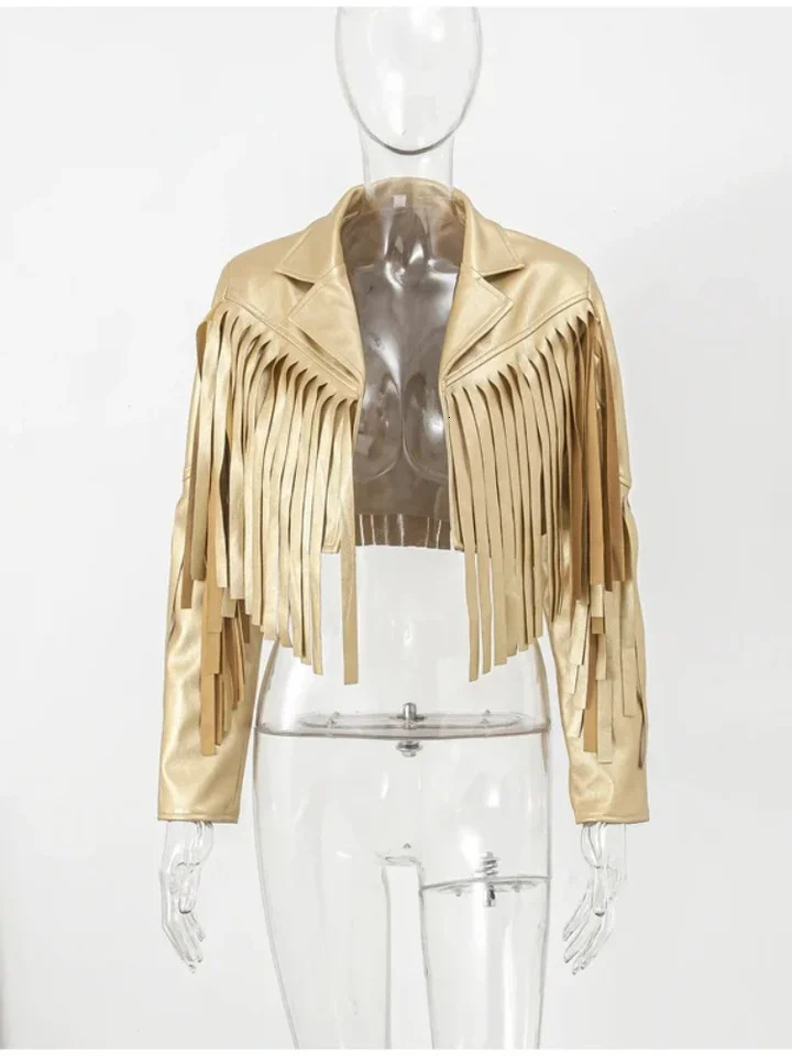 PU Leather Tassel Jackets Women Casual Turn Down Collar Spliced Short Coat Female 2024 Autumn Fashion Streetwear Coats Lady 241220