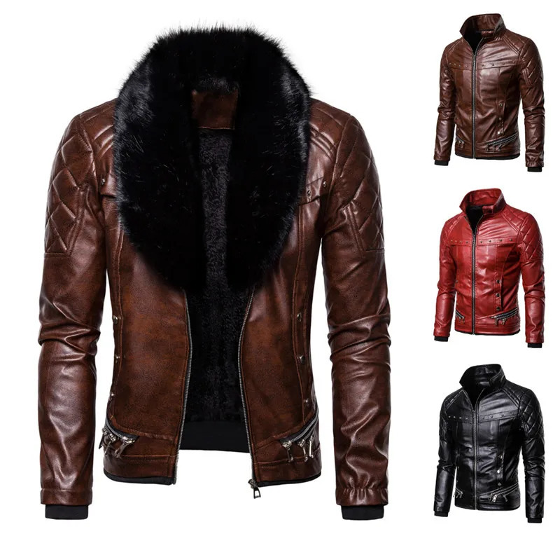 Red Mens punk removable fur collar rivets pressed cotton thick windproof motorcycle leather jacket 241220