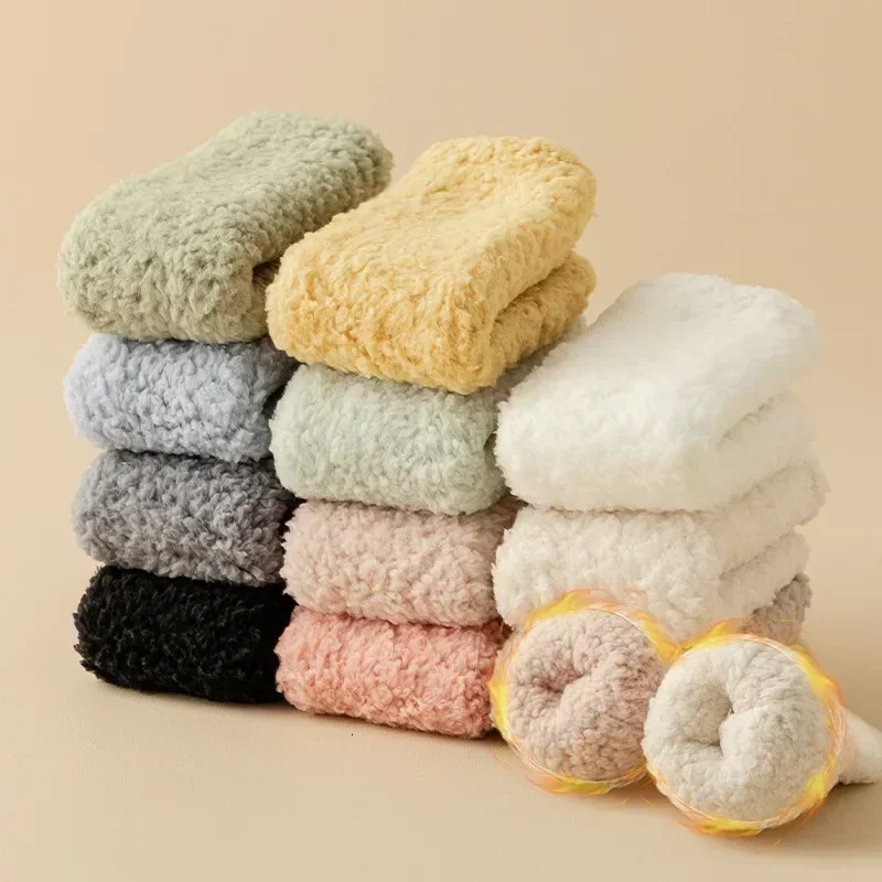 3 pairs of womens and mens sliding socks coral plush couple winter solid color thick moonlight Christmas tube socks without hair loss 241219