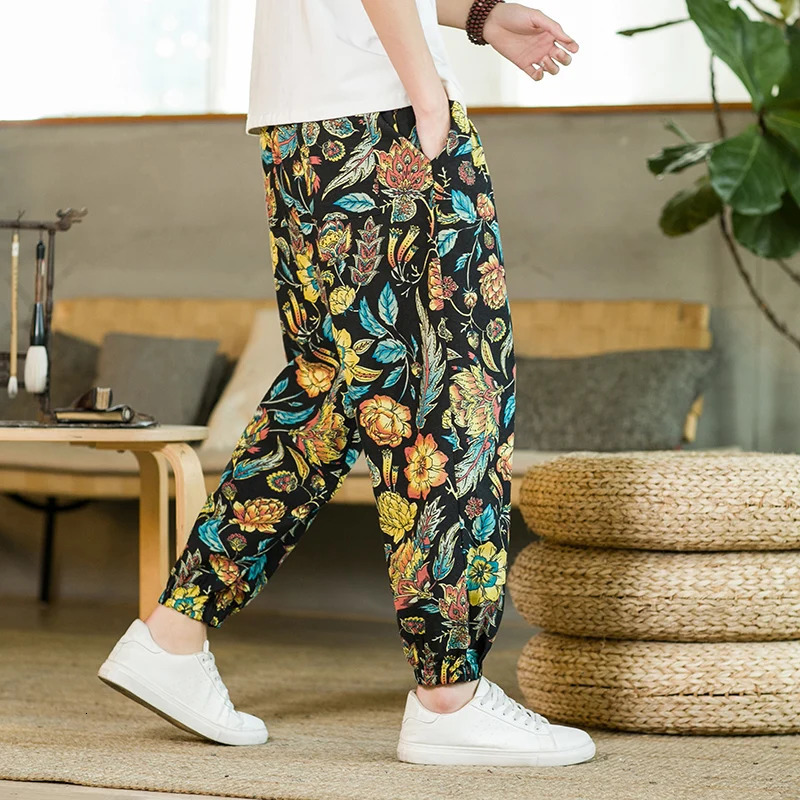 Summer mens cotton linen casual harem close-up pants black/red mens daily casual lace loose floral pants 241219