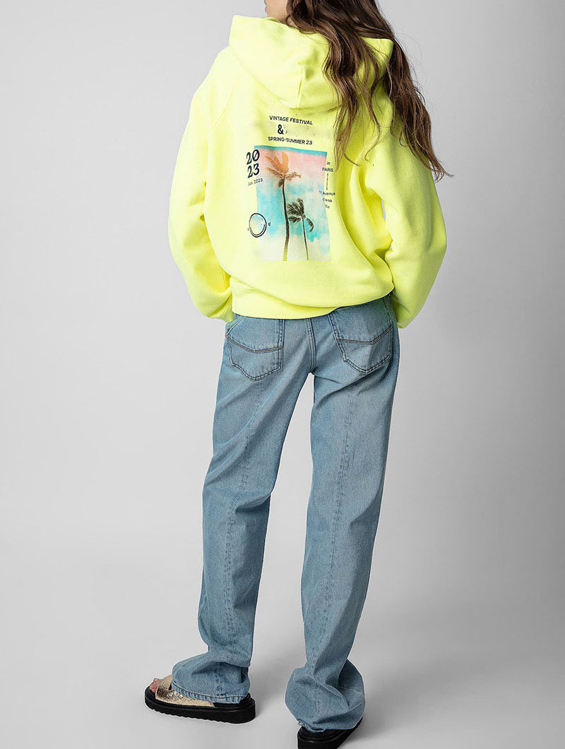 Hoodie For Women Long Sleeve Front Small Wing Back Letter Coconut Tree Printed Pocket Pullover Fleece Sweatshirt