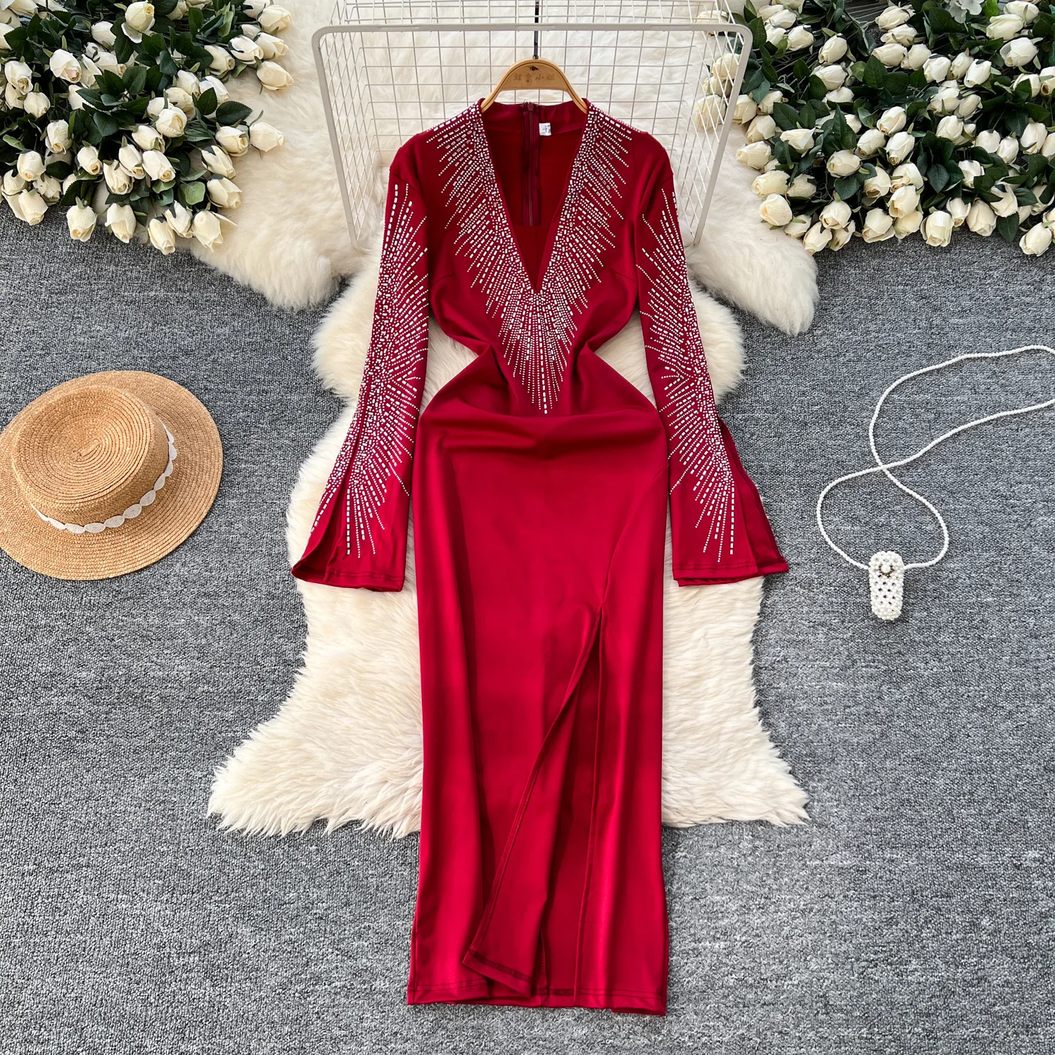 Casual Dresses Bodycon Satin Dress Women Long flare Sleeve Party Dresses Sequins V Neck Neck Side Slit Sexy Evening Boho Vestidos Dropshipping 2025