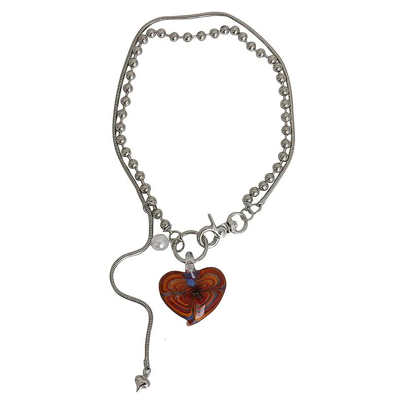 Style Vintage Colored Glaze Heart Pendant Necklace Female Painted Heart Round Bead Chain Clavicle Chain Trendy Jewelry 241220