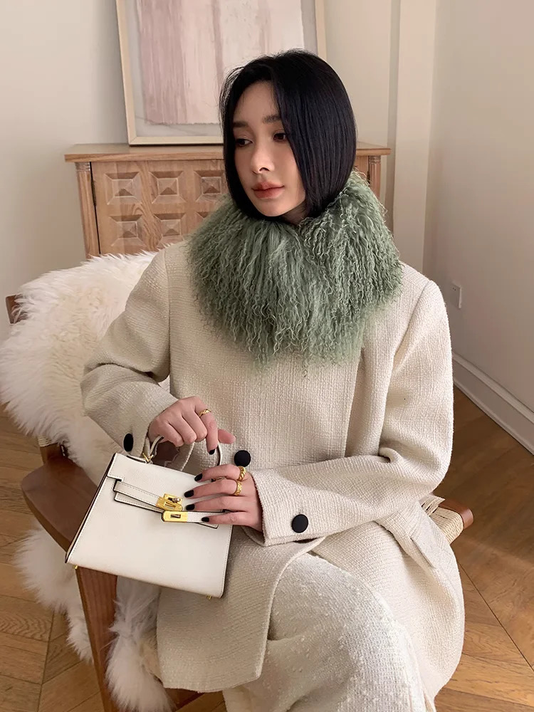 High Quality Beach Wool Muffler Whole Skin Mongolia Long Fur Scarf Warm Lamb Fur Collar Thickened Neck JZ291 241220