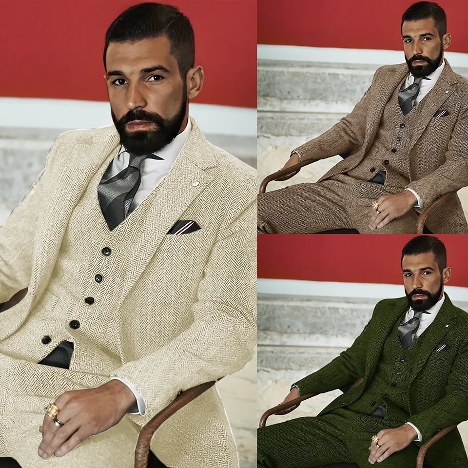 Mens Wool Suit 3 Piece Set Winter Twill Jacket Pants Vest Business Formal Men Blazer Classic n Custom Size 241218