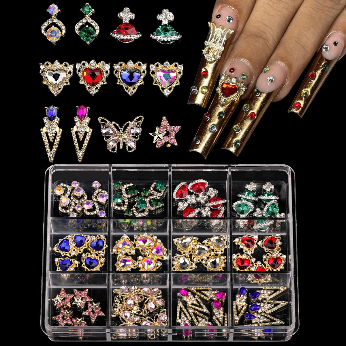 3D Nail Art Rhinestones 12Grids Metal Alloy AB Color Hearts Stars Butterfly Crowns Nail Charms DIY Manicure Decoration Accessori 241220